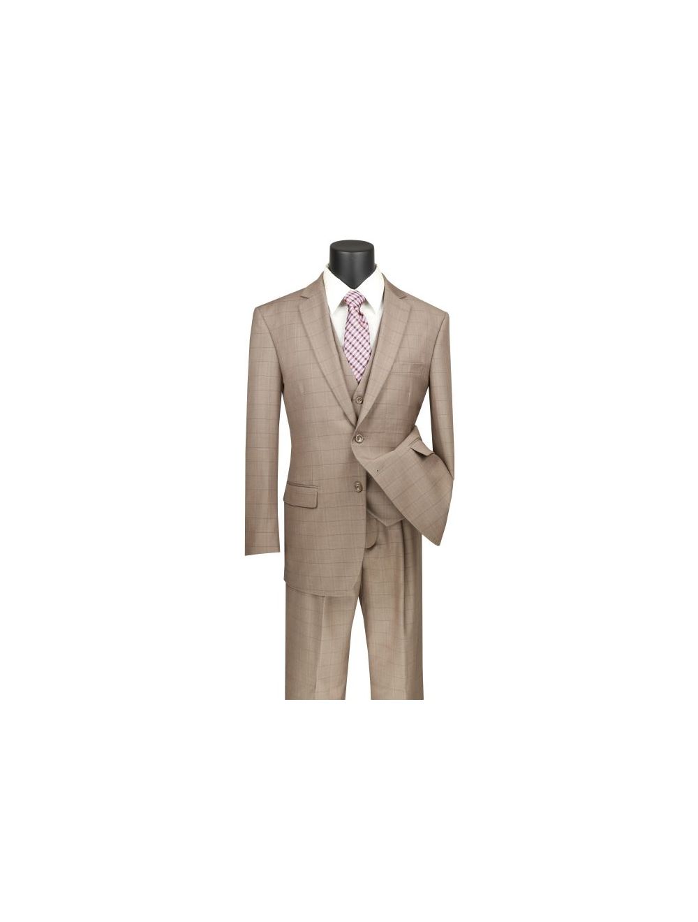 Men's Suit Single Breasted 2 Button 3 Piece Classic Fit Windowpane Tan V2RW-15